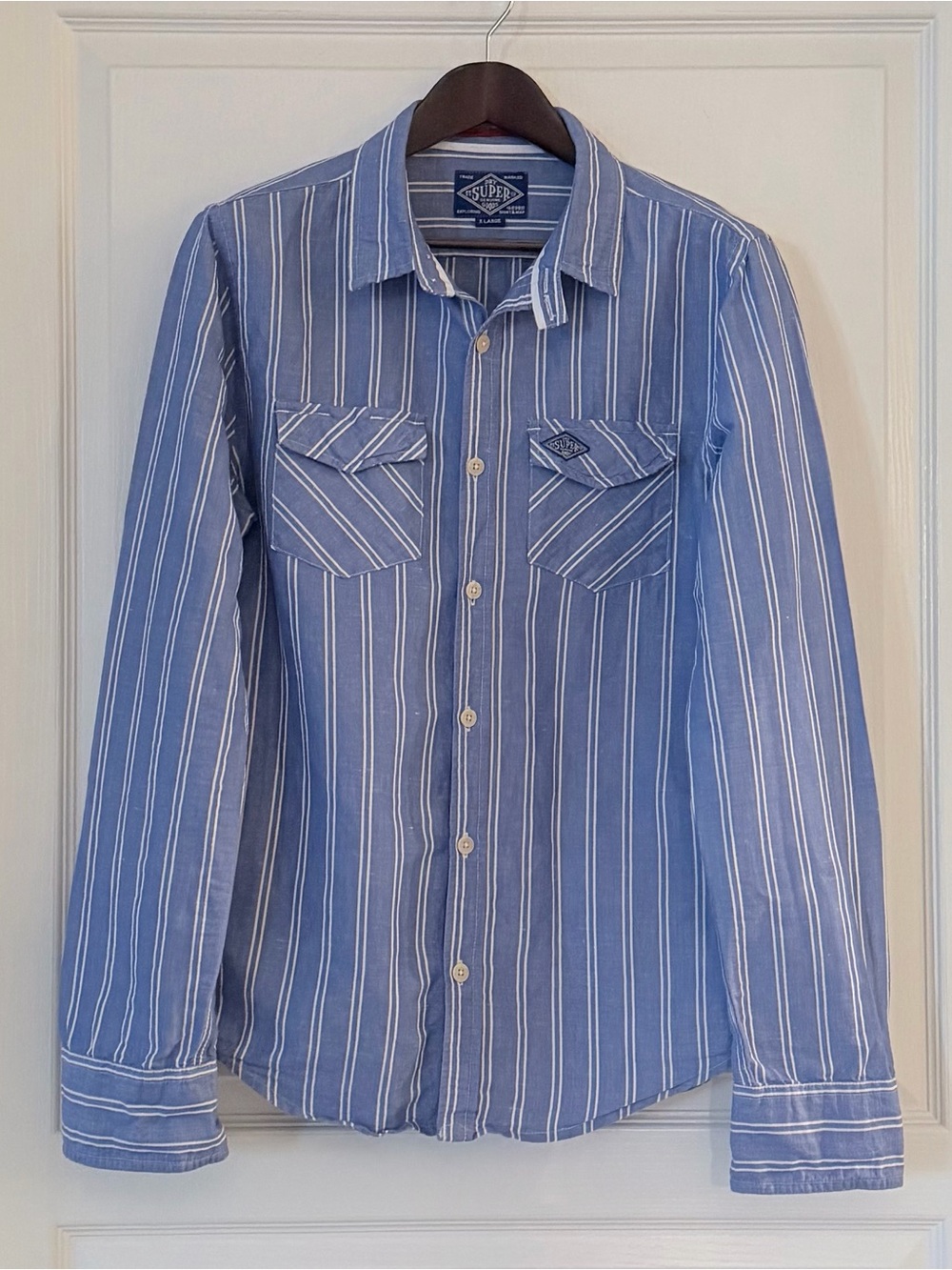 Superdry Blue and White Vertical Stripe Button-Down Shirt